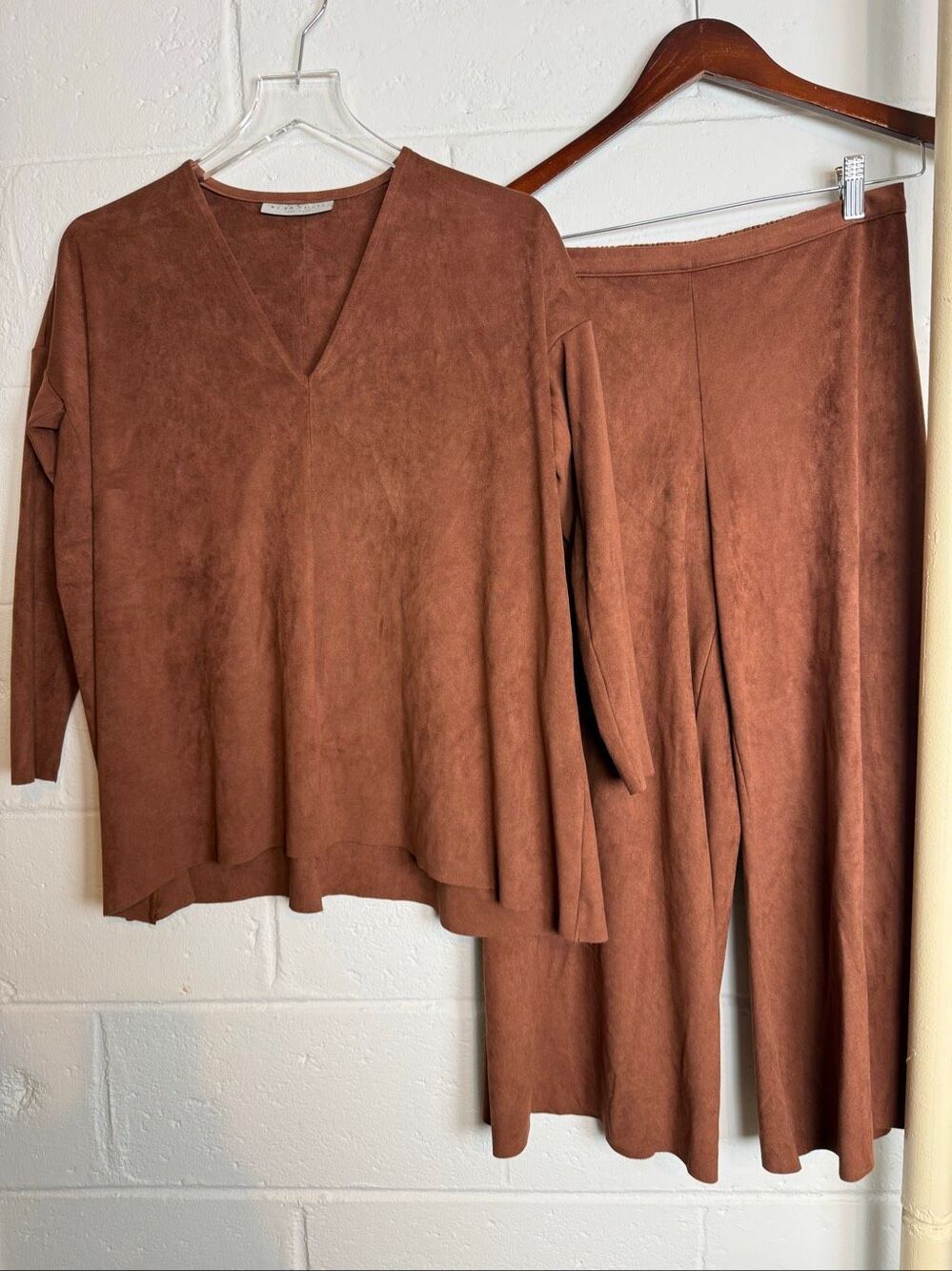 Bryn Walker Women’s XXS Brown Faux Suede Lagenlook Tunic Wide Leg Pants Set